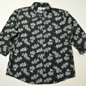 VTG Modern Essentials Sz L Womens BLACK White FLORAL 3/4 Sleeve Button Up BLOUSE